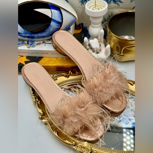 🆕 LOEFFLER RANDALL 🧿 NWOB Lilly Crinkle Metallic Slide Sandal With Feather Pom - Picture 16 of 16